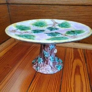 Majolica pottery cake stand Antique maple leaf